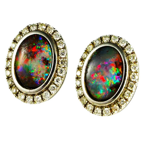   A ZOYA 9KT WHITE GOLD SOLID WHITE BOULDER AUSTRALIAN OPAL WITH DIAMONDS STUD EARRINGS