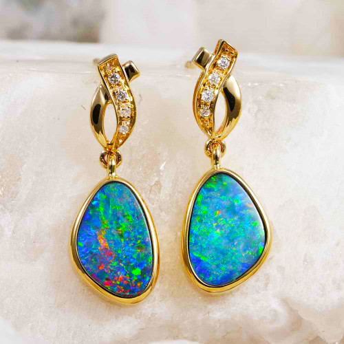   A   PRISMATICA 14KT YELLOW GOLD & DIAMOND AUSTRALIAN OPAL DROP EARRINGS