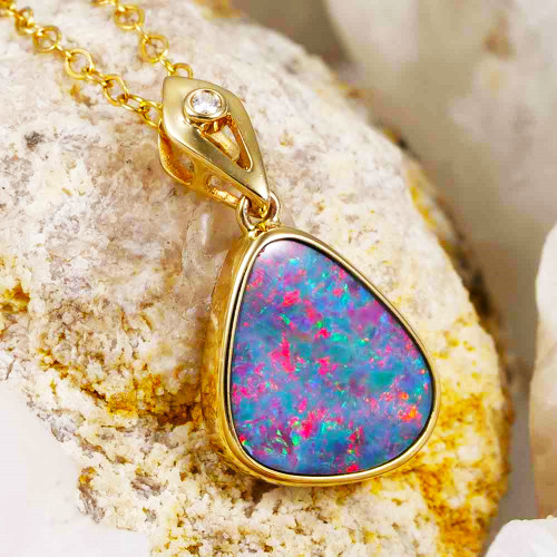 *  1 SENTIMENTAL ATTACHMENT14KT YELLOW GOLD & DIAMOND AUSTRALIAN OPAL NECKLACE