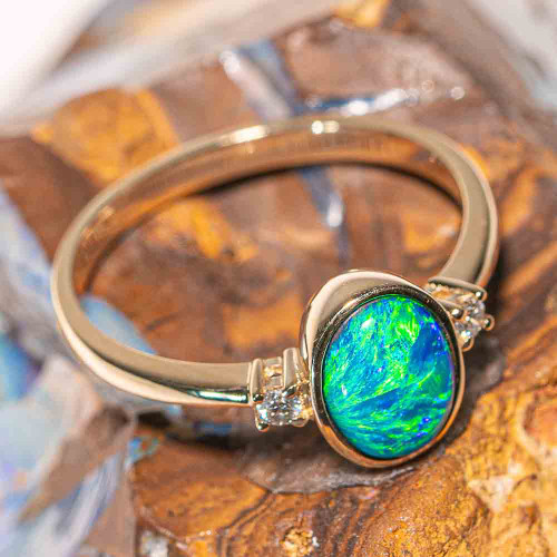* 1 GREEN APPLE 14KT YELLOW GOLD & DIAMOND AUSTRALIAN BLACK OPAL RING