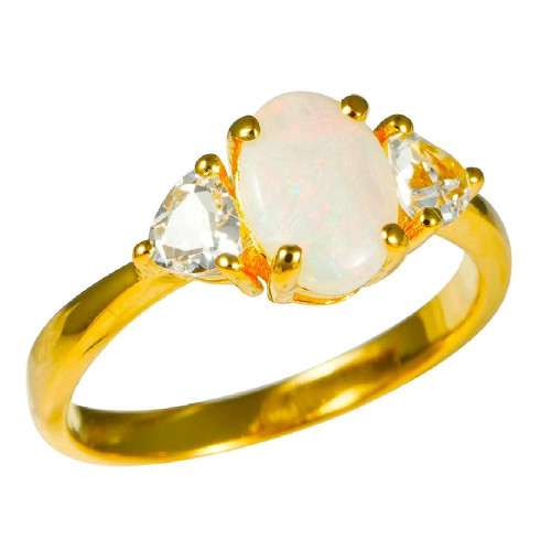   *    A SUNBEAM 18KT YELLOW GOLD PLATED & TOPAZ AUSTRALIAN WHITE OPAL RING
