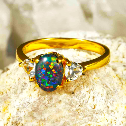   *    A   COPA 18KT YELLOW GOLD PLATED & CUBIC ZIRCONIA AUSTRALIAN OPAL RING