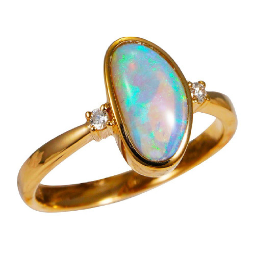 *  RAINBOW SERUM 14KT YELLOW GOLD & DIAMOND AUSTRALIAN WHITE OPAL RING