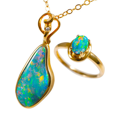 * AIRE 14KT GOLD & DIAMOND AUSTRALIAN OPAL JEWELRY SET